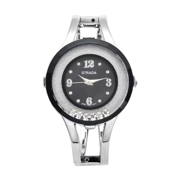 Strada Accessories - Black Dial Bangle Watch in Silvertone with Austrian Crystals